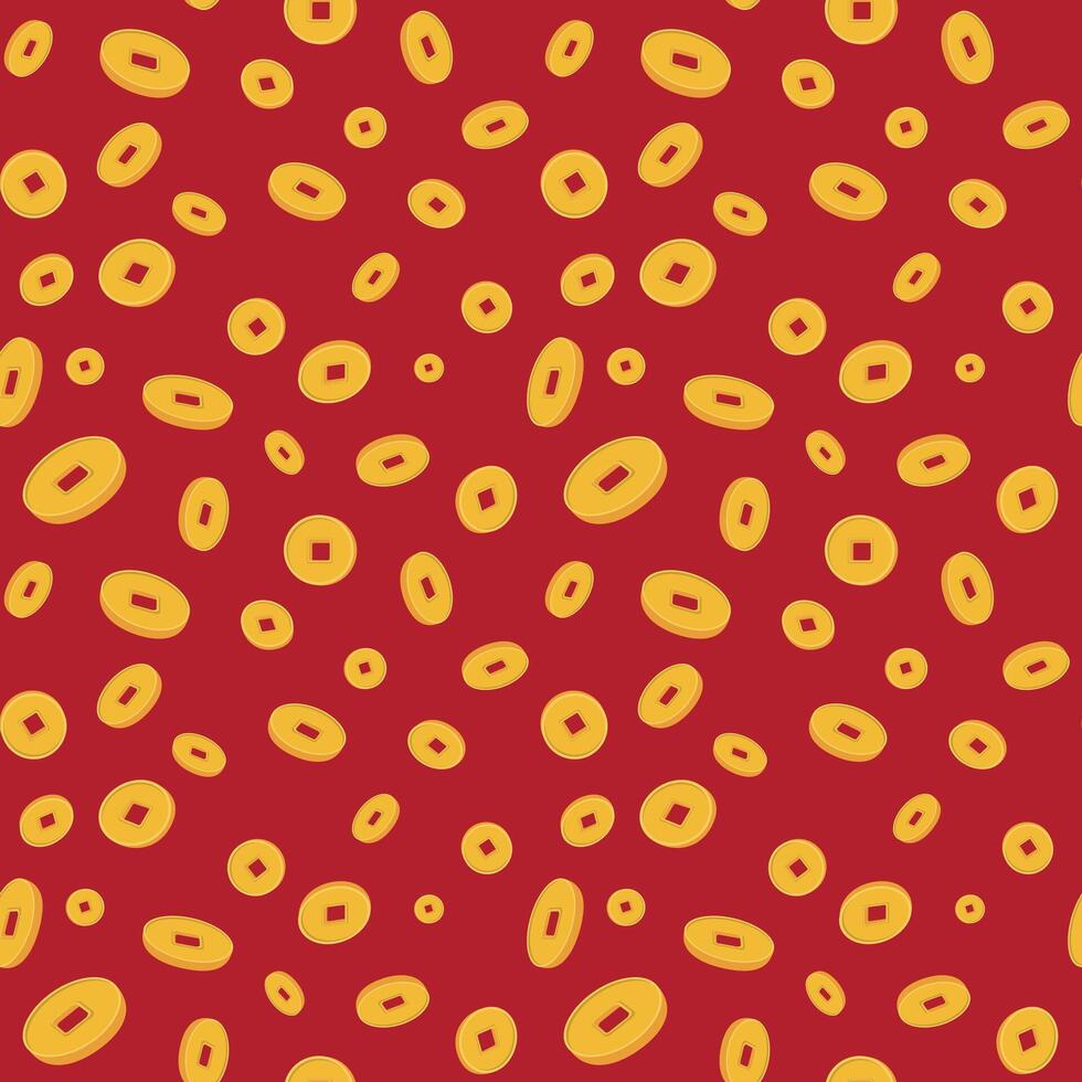Chinese gold coins seamless pattern. Red seamless background with gold Chinese coins. Feng Shui talismans Chinese coins. Wallpaper for Chinese New Year vector