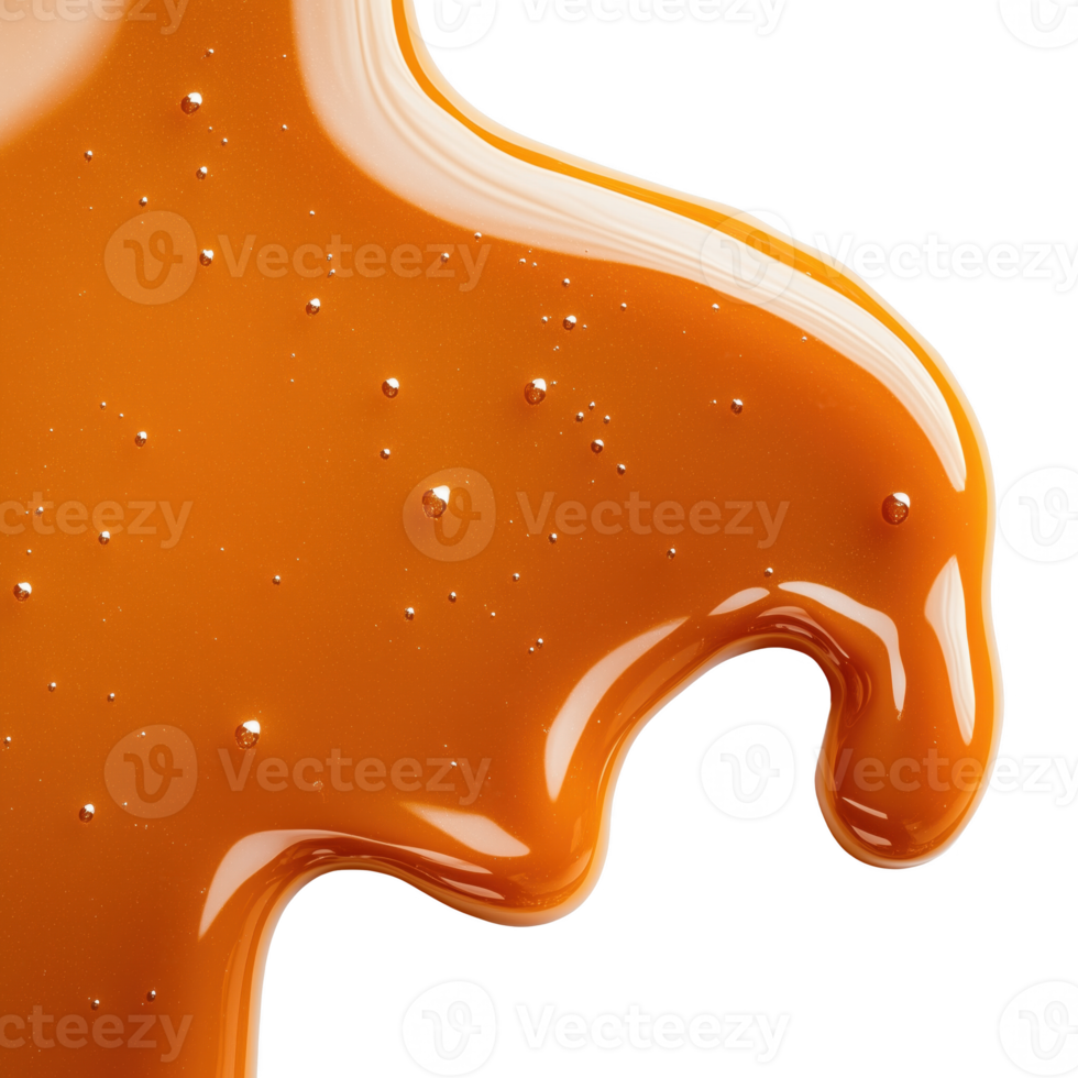 Rich caramel sauce dripping isolated on transparent background, perfect for desserts or culinary presentations. png