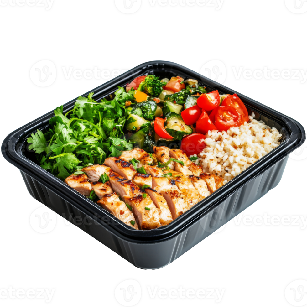 Plastic container with grilled chicken breast and vegetables. Healthy meal png