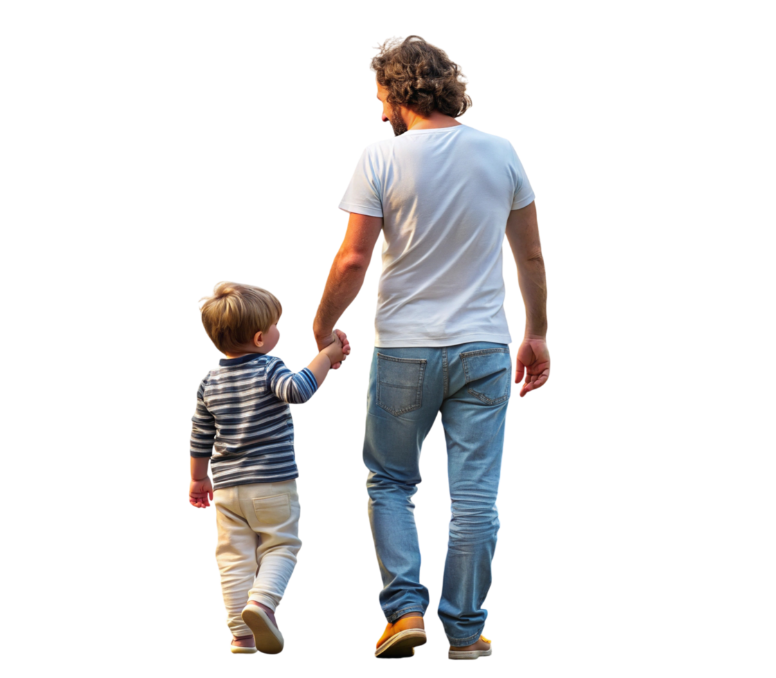 Father and son walking hand in hand on transparent background png