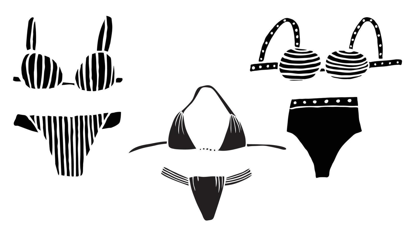 Fashion set. Woman bodysuit, bikini clipart. Black silhouettes on a white background. vector