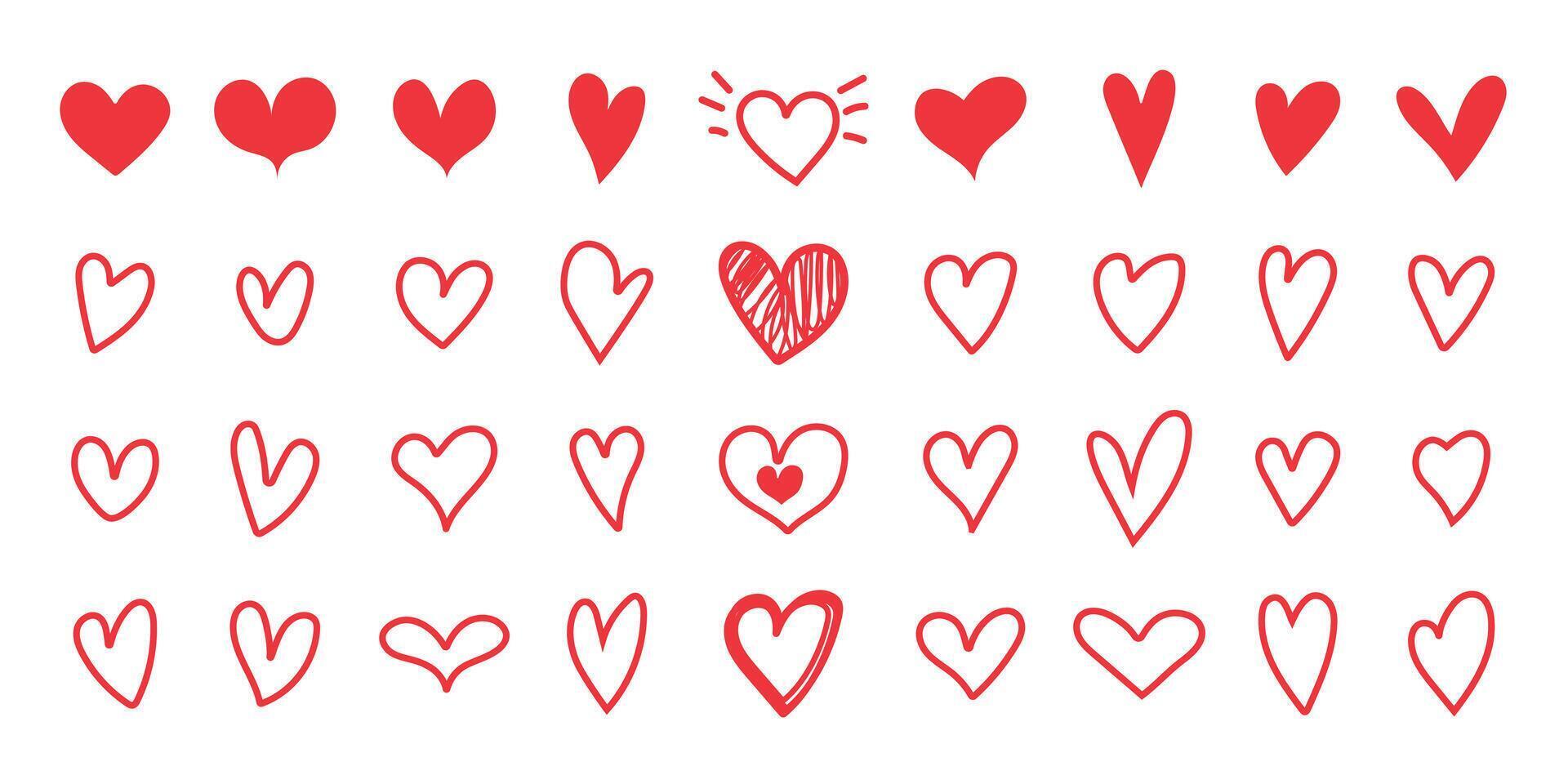 Set of red hearts in different pose on white background. Collection of hand drawn hearts. vector