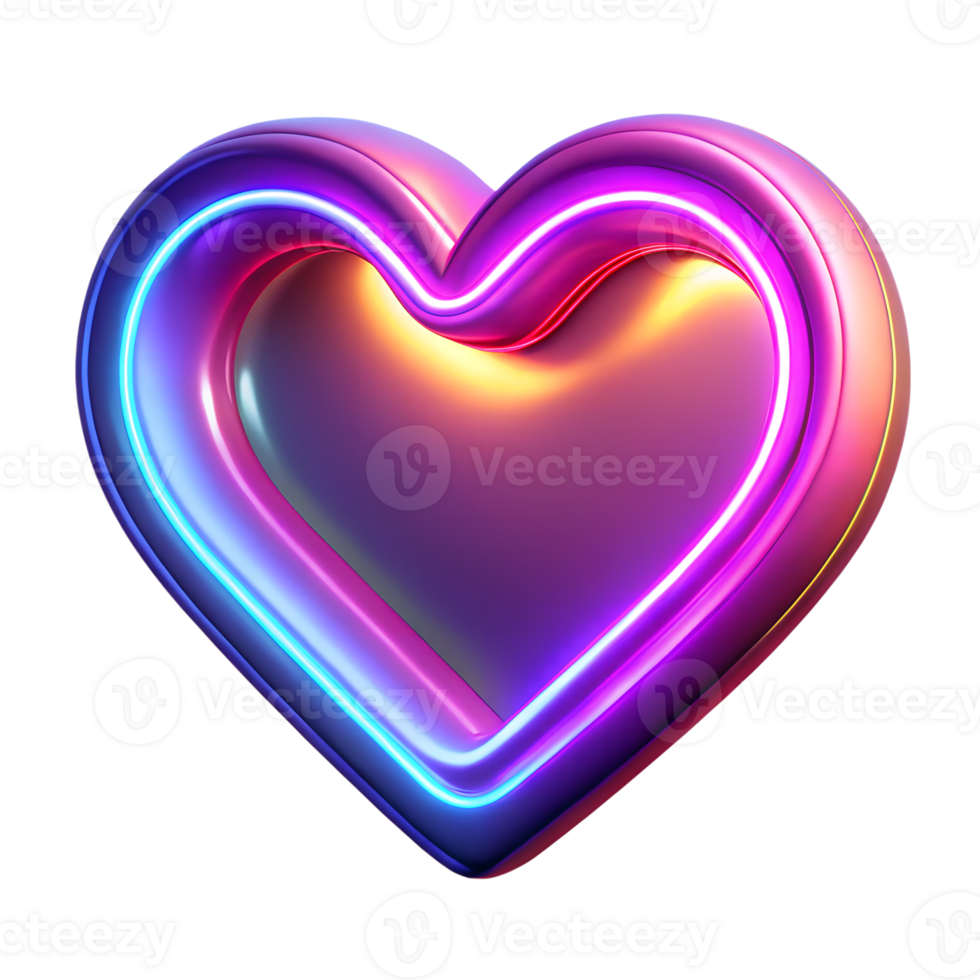 Neon glowing heart shape 3d icon isolated on the transparent background png