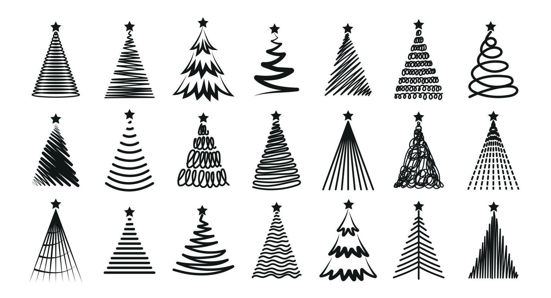 Various Christmas tree silhouette, hand drawn illustrations. Set with firs and pine trees with stars. illustration of winter holiday symbols, black on white background. vector