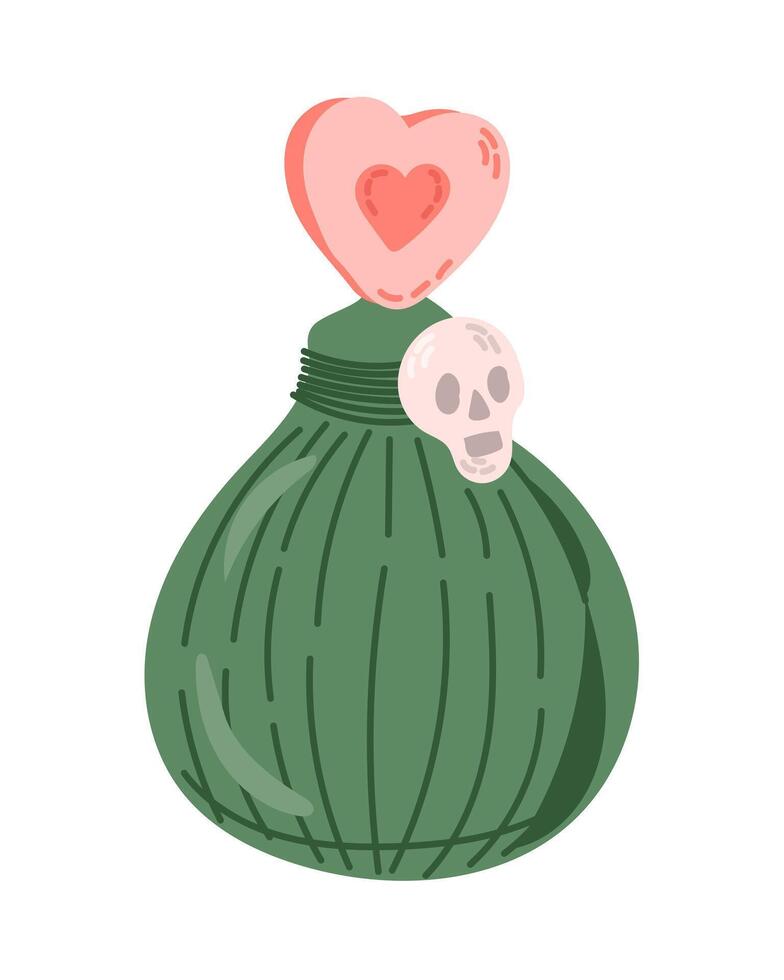 Green potion bottle featuring pink heart stopper and small skull decoration, representing love or magical potion. Witchy Halloween illustration isolated on white background vector