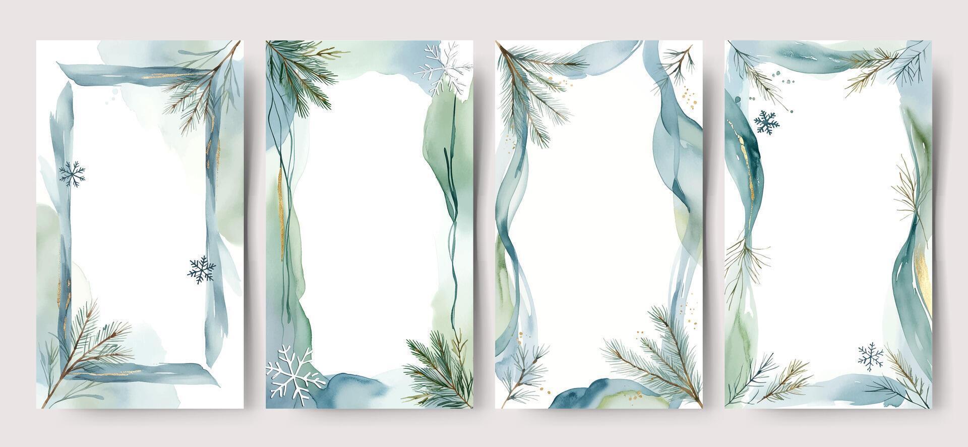 Watercolor frames with fir branches inl strokes and blank place. Christmas cards in pastel blue colors. Winter backgrounds vector