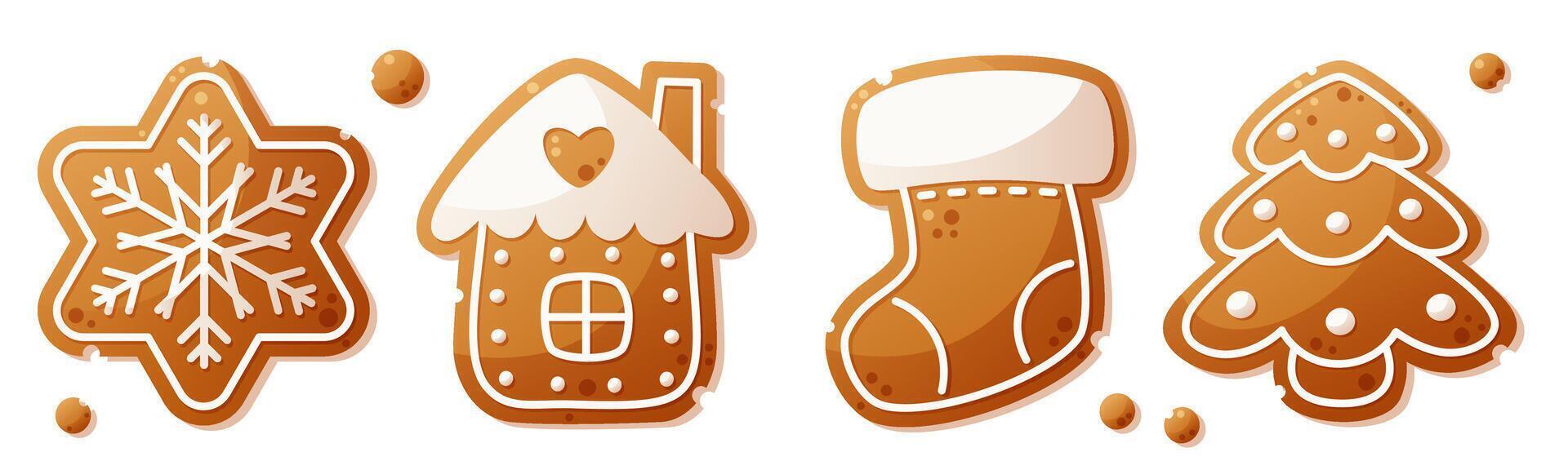 A large set of gingerbread cookies of different shapes. Snowflake, gingerbread house, sock, Christmas tree. Christmas gingerbread, New Year cookies decorated with white icing. vector