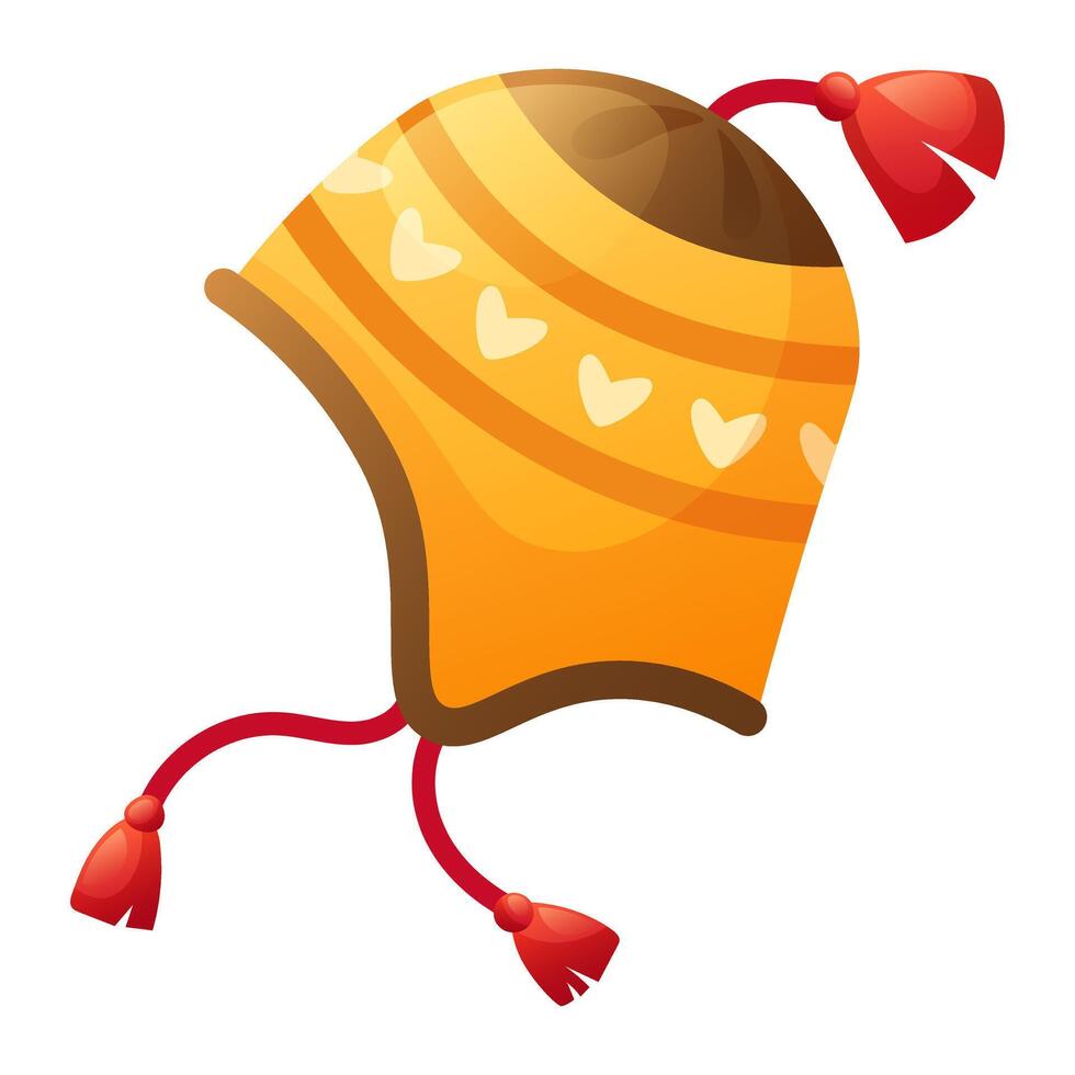 Autumn winter yellow hat with tassels isolated on white background. Modern wool knitted headwear. Fashionable cap, warm clothes for cold weather. Clothes icon, illustration. vector