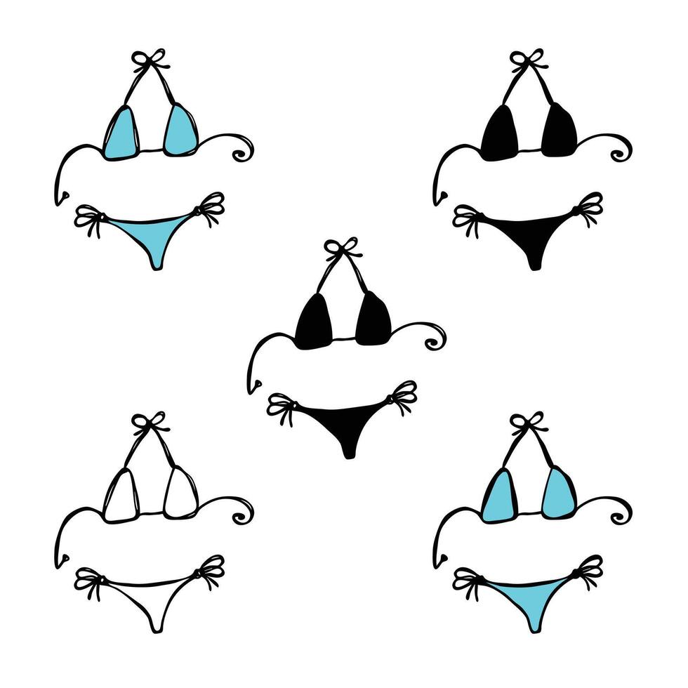 Woman swimsuit bikini set. Simple doodle icon clip art. Front, black and cyan vector
