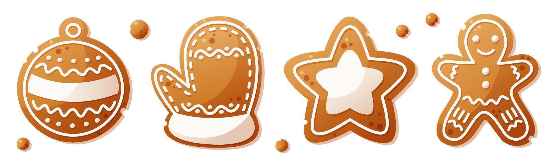 A large set of gingerbread cookies of different shapes. Gingerbread man, mitten, star, Christmas tree toy. Christmas gingerbread, New Year cookies decorated with white icing. vector