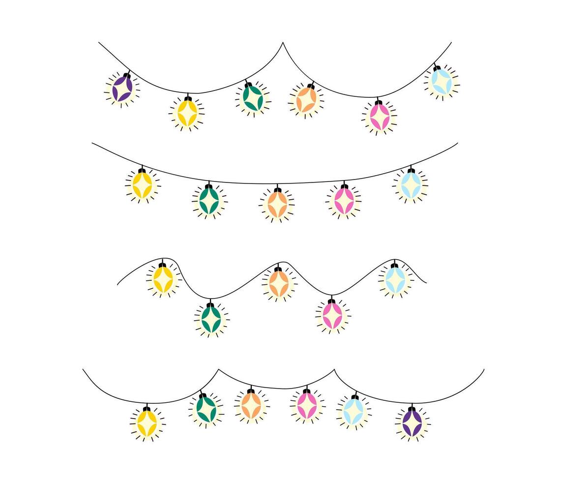Festive glowing lights on a white background. Colorful bulb garlands. Christmas and New Year s greeting card designs. Winter holiday decoration element. vector