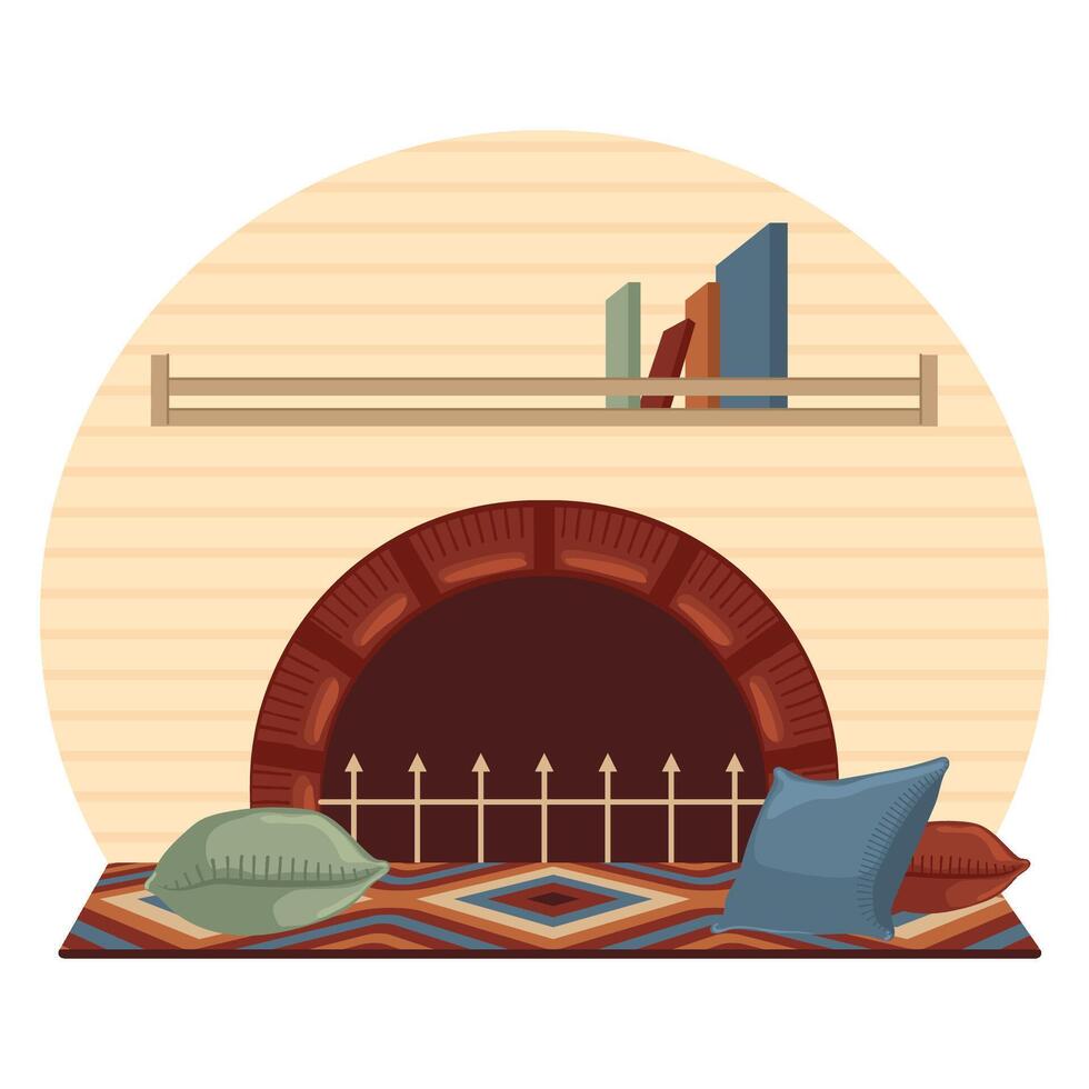 Cozy fireplace corner with pillows and bookshelf, vector