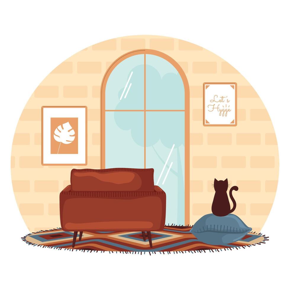 Living room sofa with cat and large window, vector