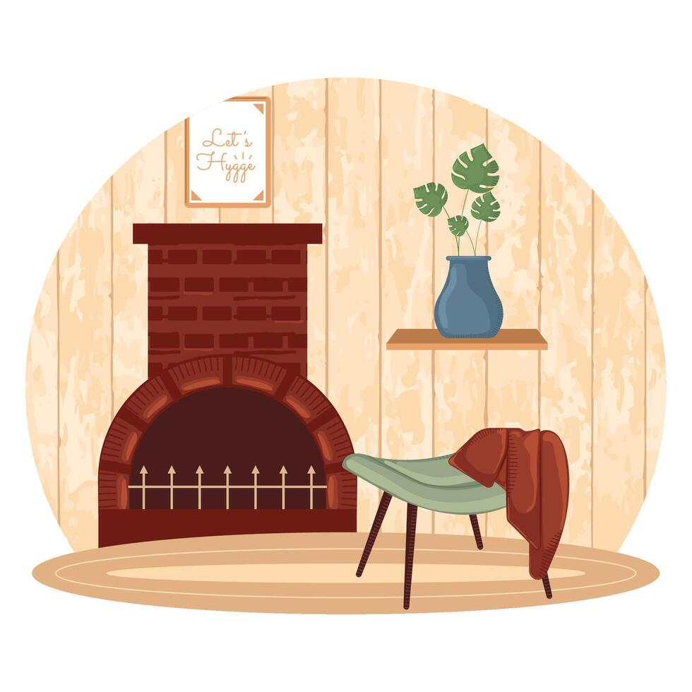 Cozy fireplace and chair with modern decor, vector
