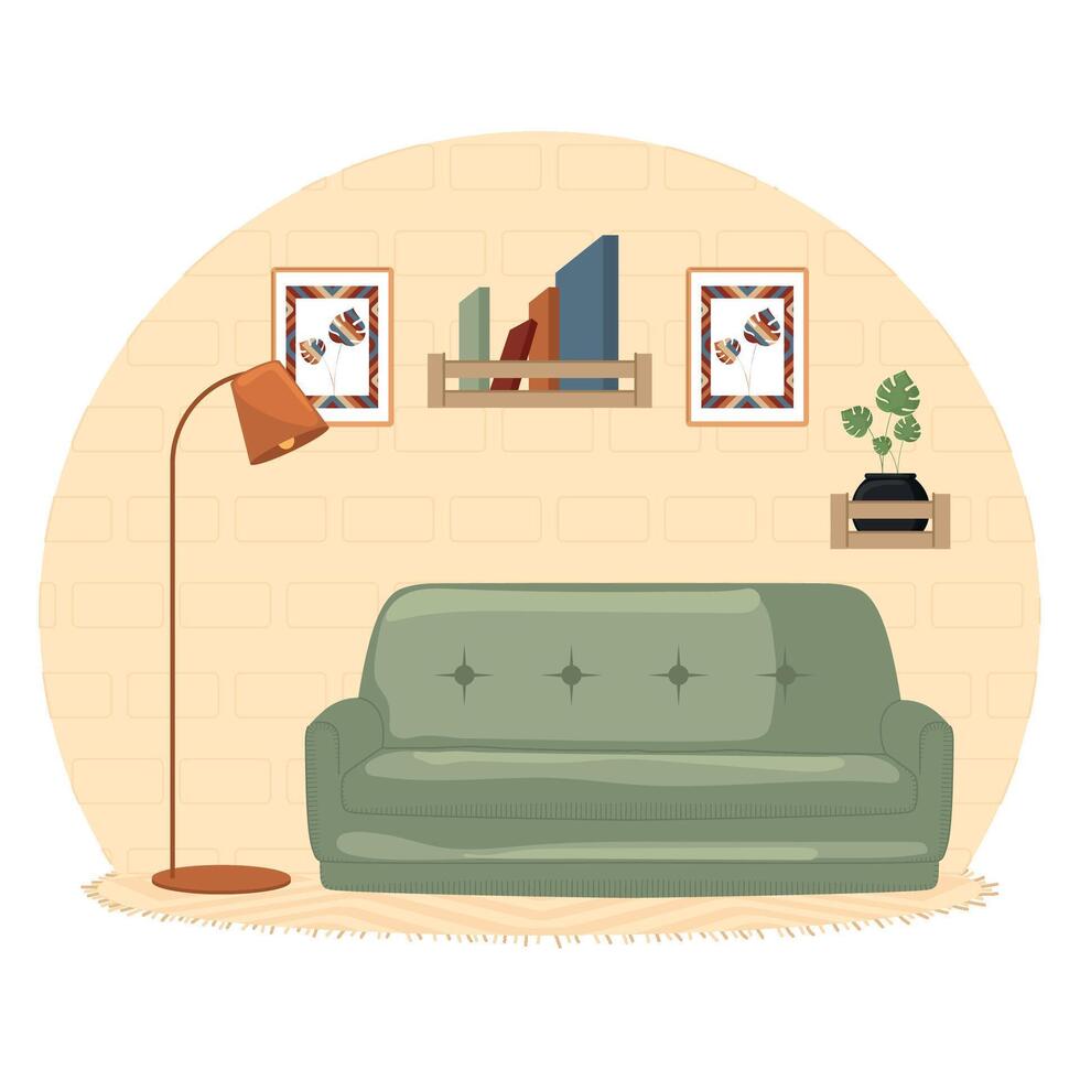 Cozy living room with green sofa and bookshelf, vector