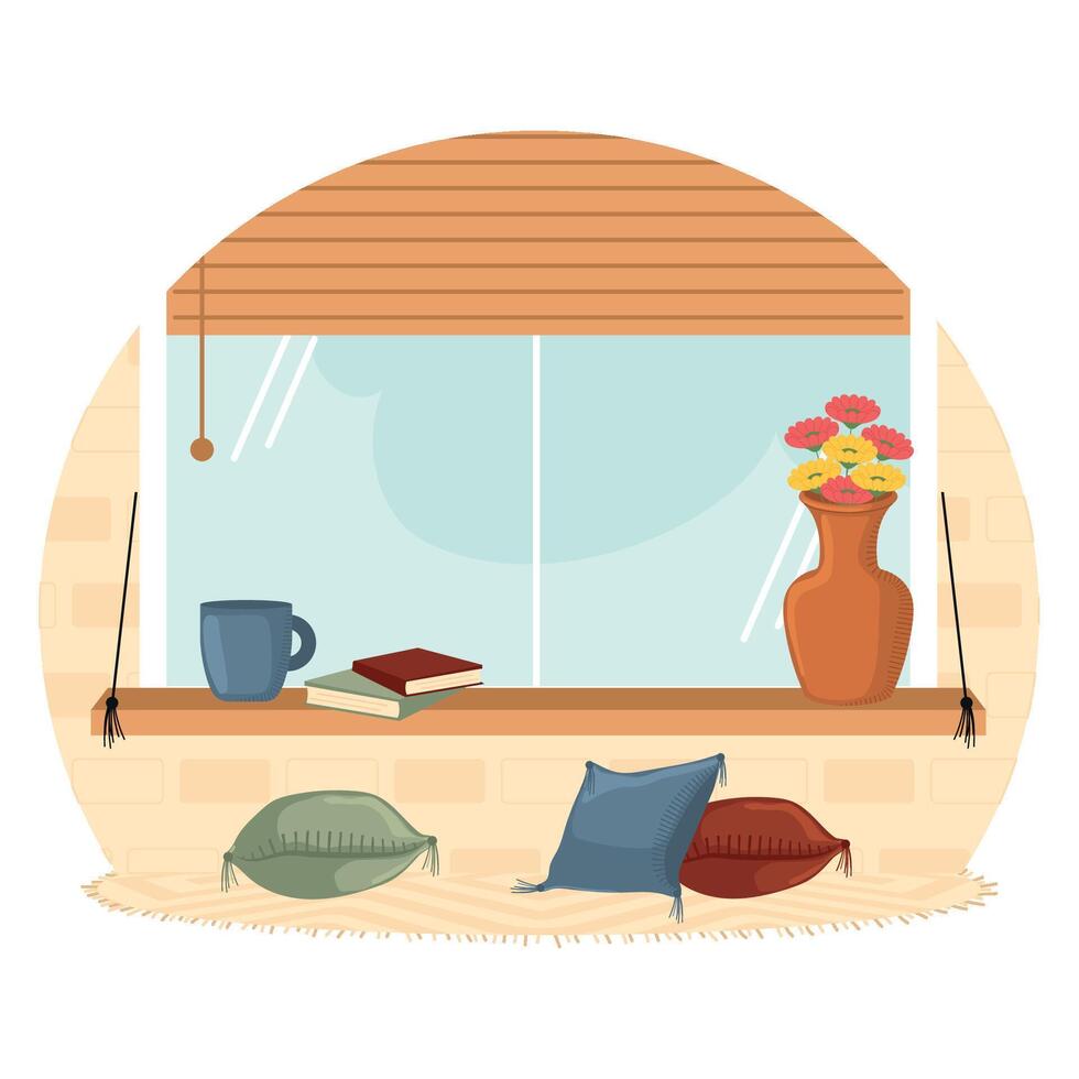 Window nook with cushions, books, and flowers, vector