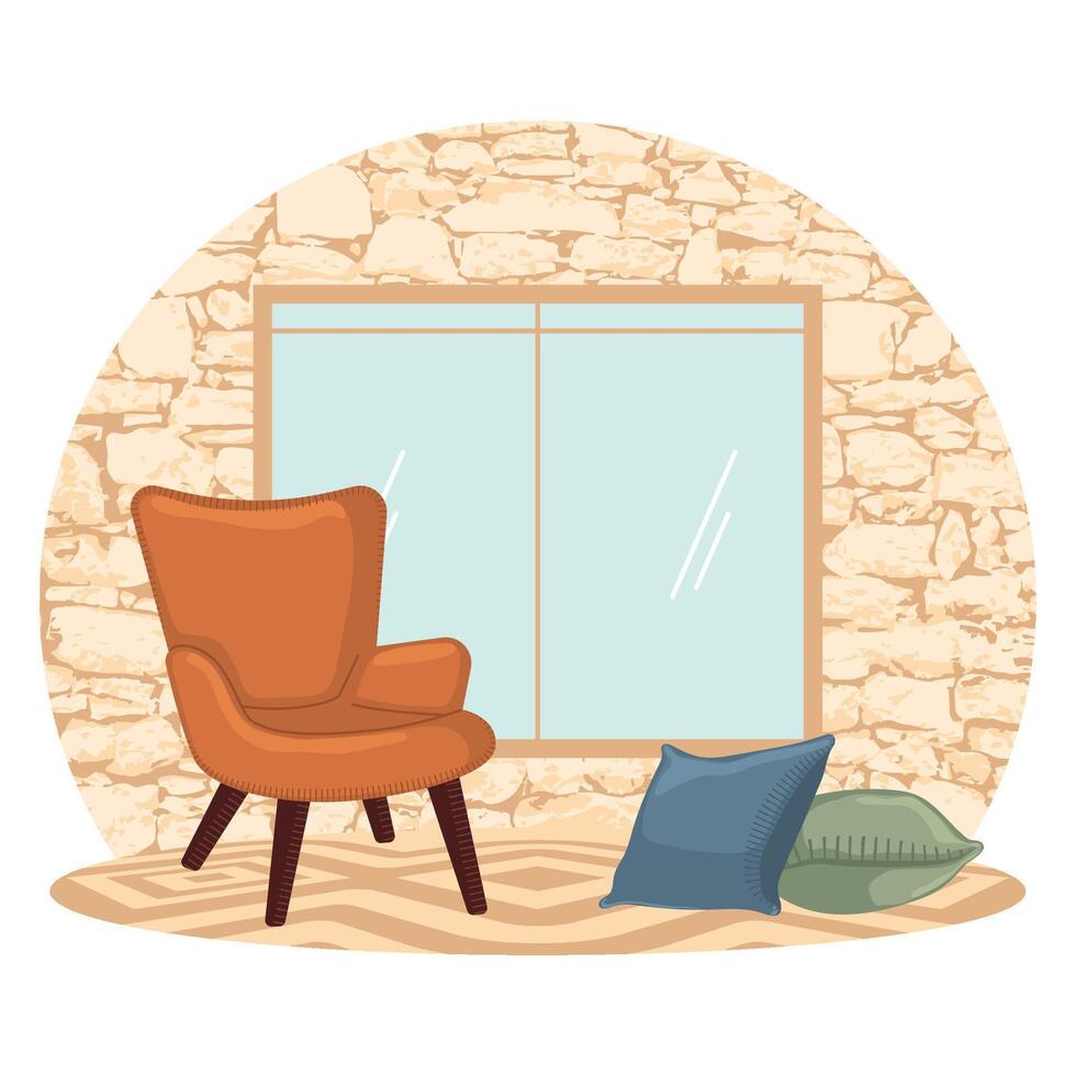 Cozy chair and cushions by large window in living room, vector