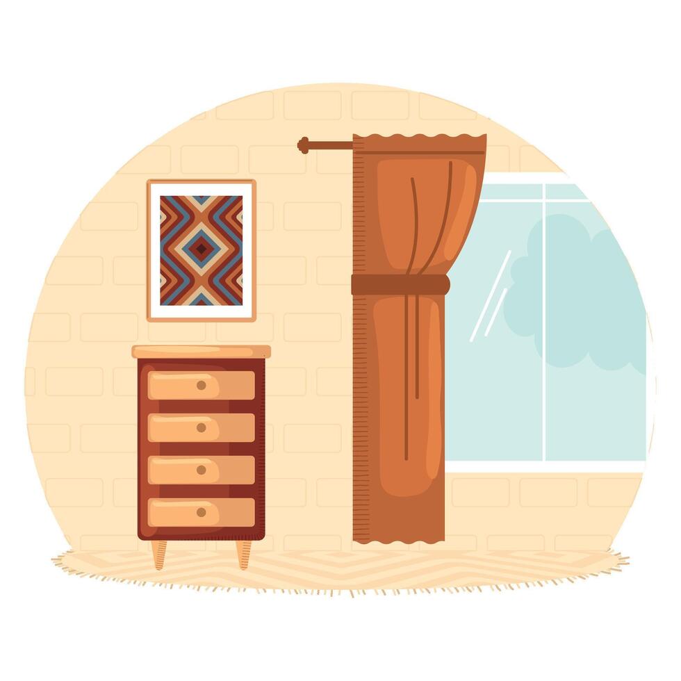 Living room with dresser, curtains, and wall art, vector