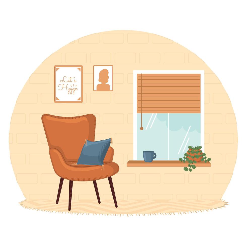 Living room with orange armchair and window decor, vector