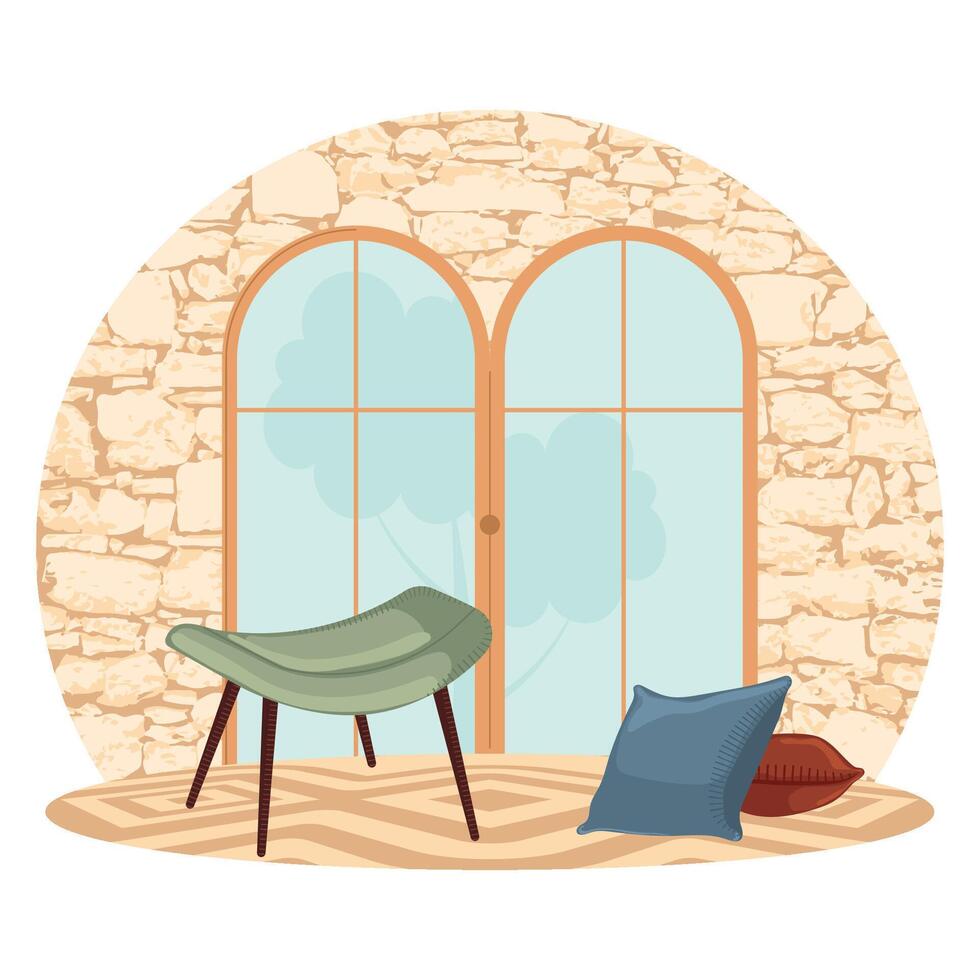 Living room with green chair and large window view, vector
