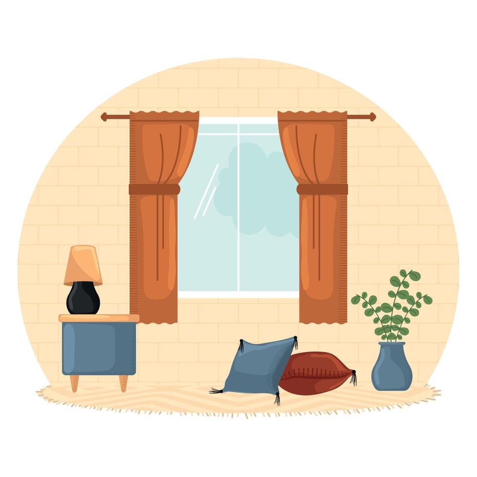 Cozy living room with window, side table, and cushions, vector