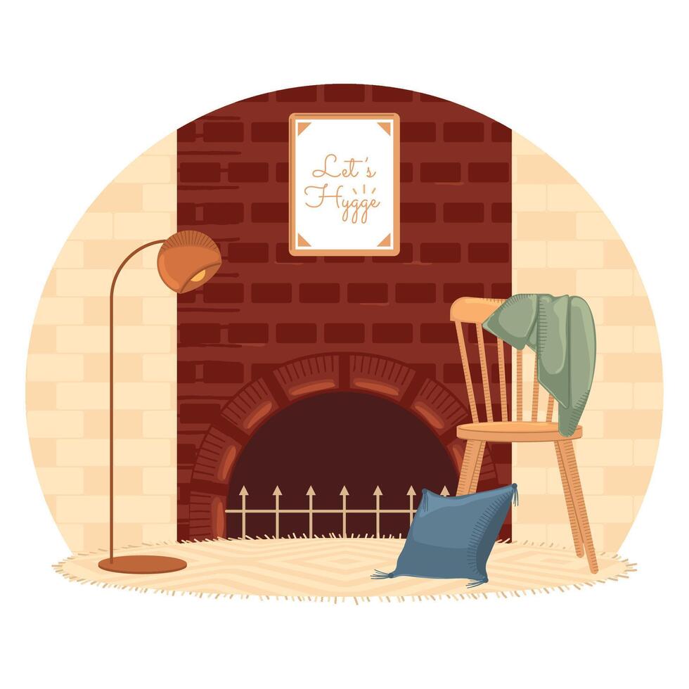 Living room with fireplace, wooden chair, and floor lamp, vector