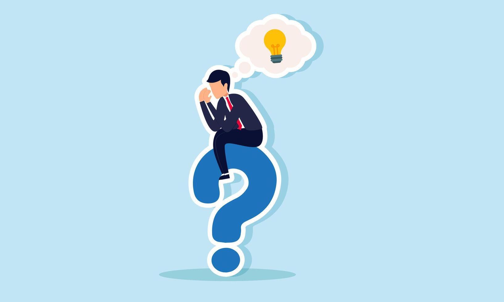 A businessman sits on a question mark, confused while pondering a light bulb, illustration of the struggle to find practical ideas and innovations for his business vector