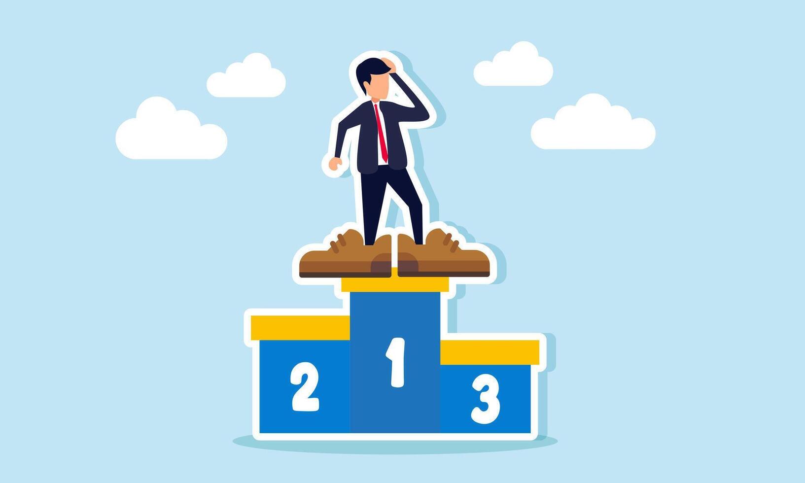 A businessman with oversized shoes stands on a winner's podium, illustration of discomfort in the journey to achieving success vector