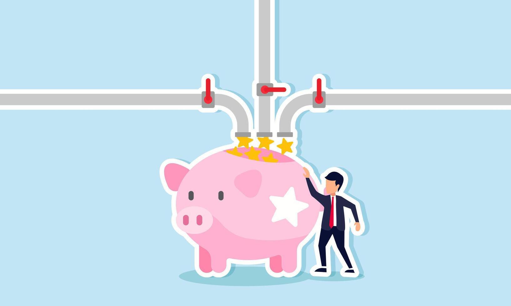 A businessman is filling a piggy bank labeled with a star using several pipes, illustration of the collection of ratings to serve as quality references for consumers vector