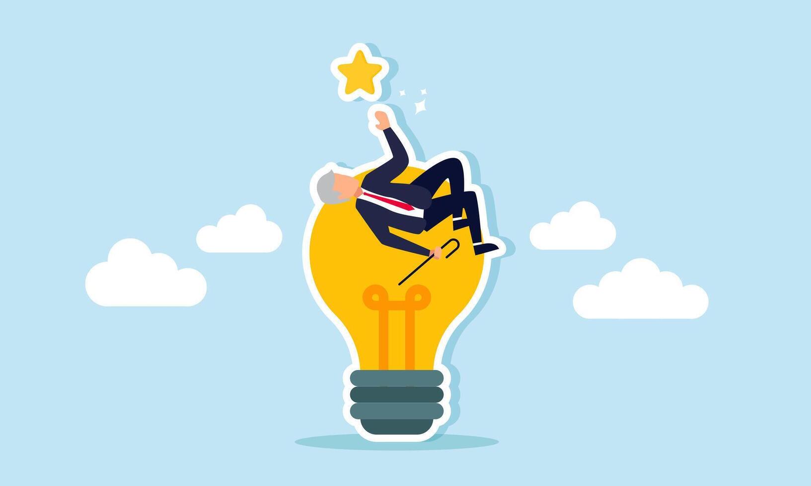 An elderly businessman lies on a light and tries to reach a star, illustration of the enjoyment of rewards from dedication to business ideas and innovation vector