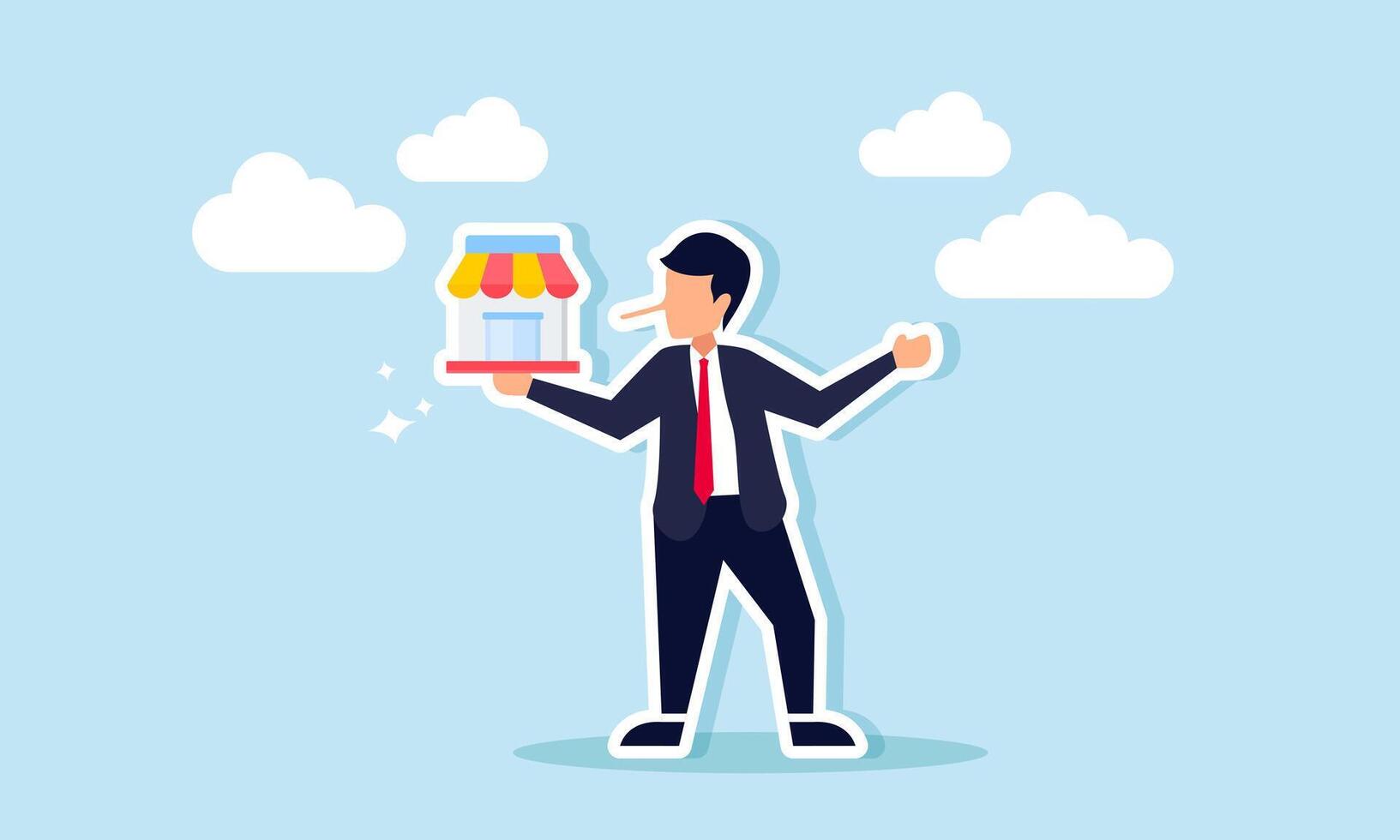 A long-nosed businessman holds and displays a store, illustration of the act of offering fake products or business product scams vector