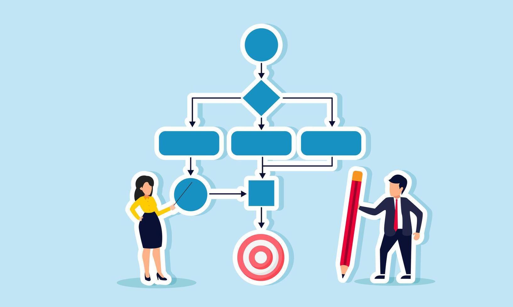 A businessman with a pencil and another with a stick are by a flowchart and a target board, illustration of strategic planning to achieve business goals vector