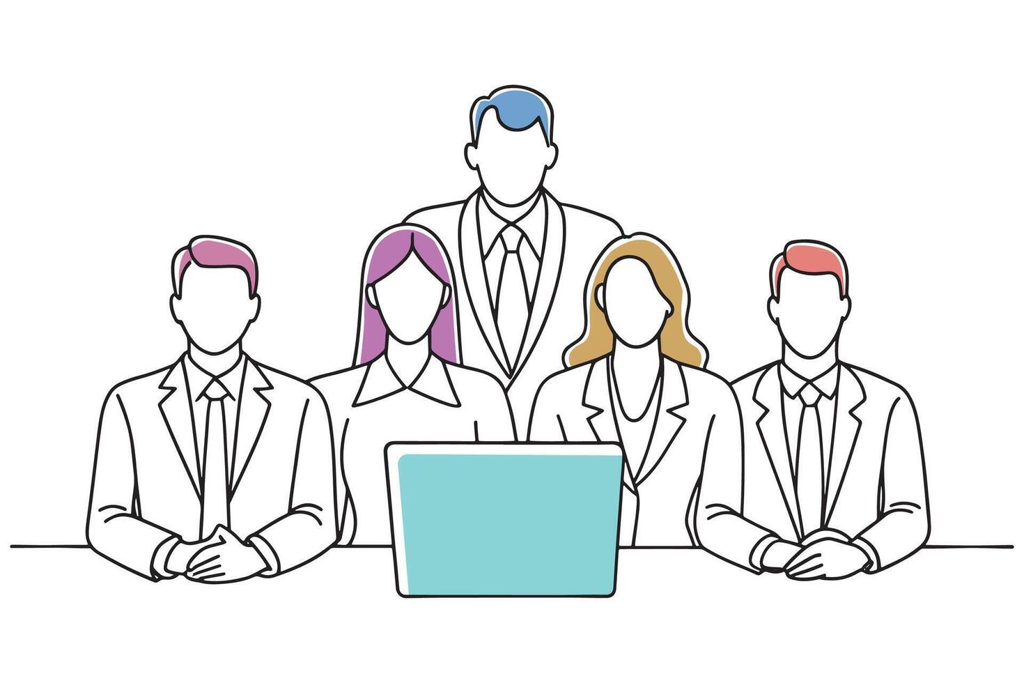 Business people standing together in a modern office setting, showcasing collaboration and professionalism isolated continuous line art flat illustration on white background vector
