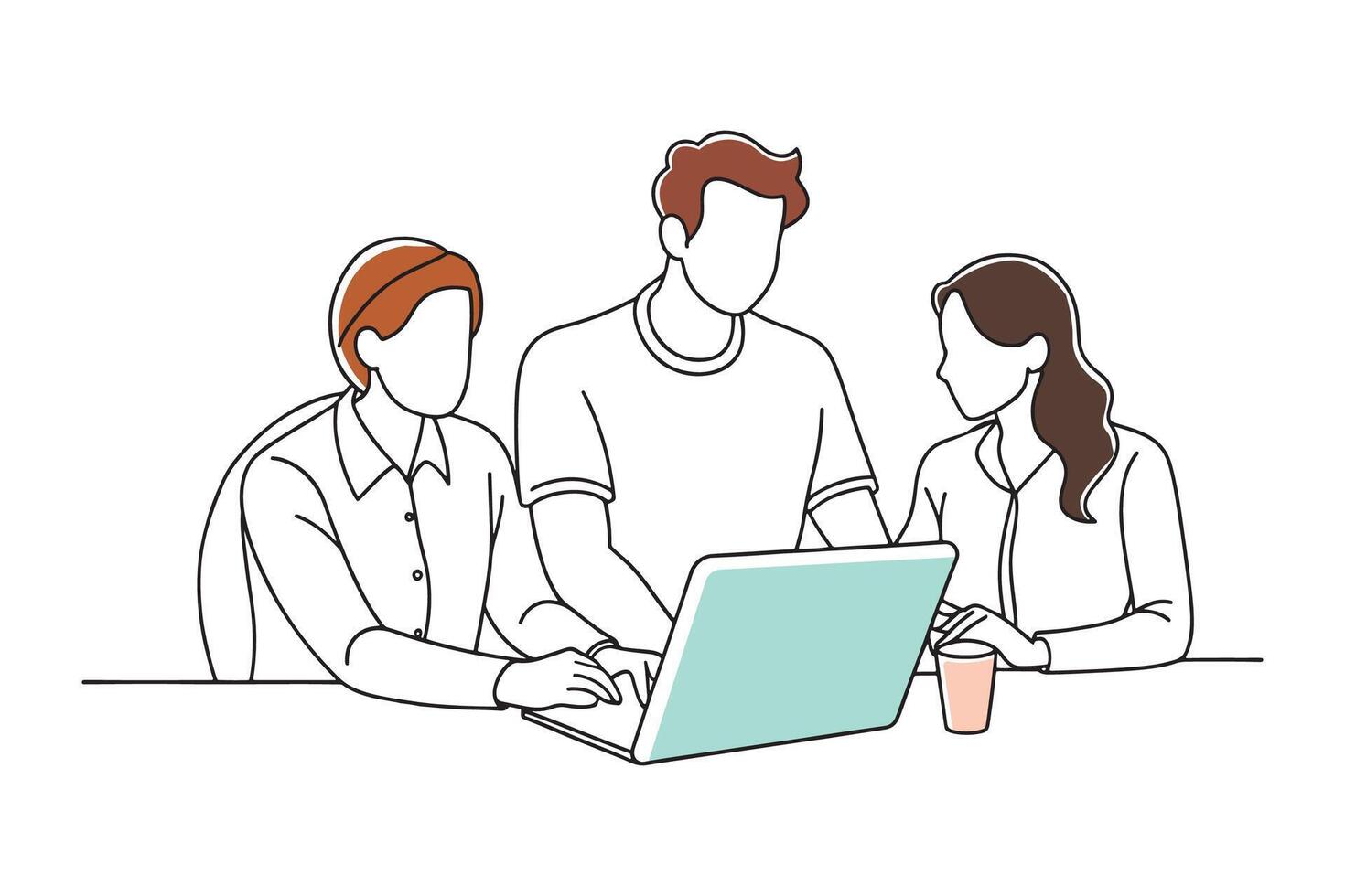 A trio of people gathered around a table, collaborating with a laptop and documents in front of them isolated continuous line art flat illustration on white background vector