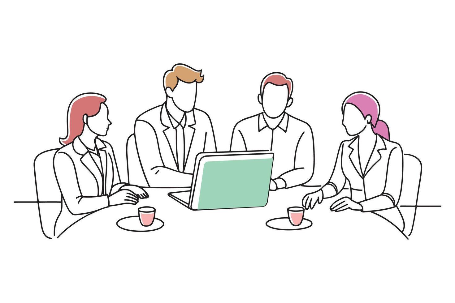 A team of individuals seated at a table in an office, isolated continuous line art flat illustration on white background vector