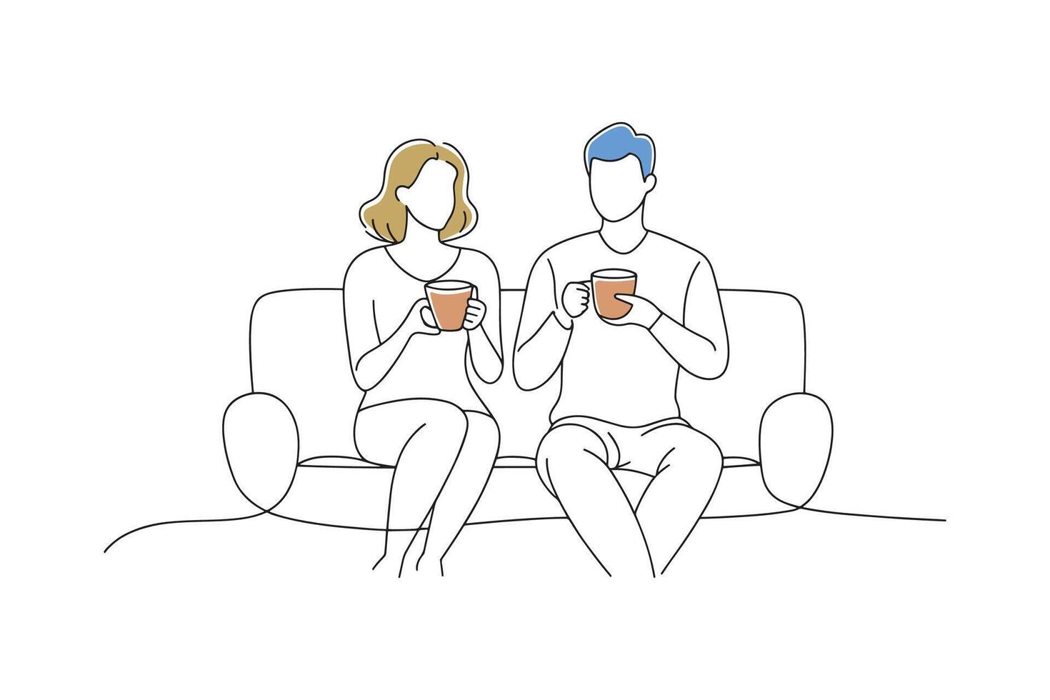 Couple on a couch, enjoying coffee and tea together in a cozy setting isolated continuous line art flat illustration on white background vector