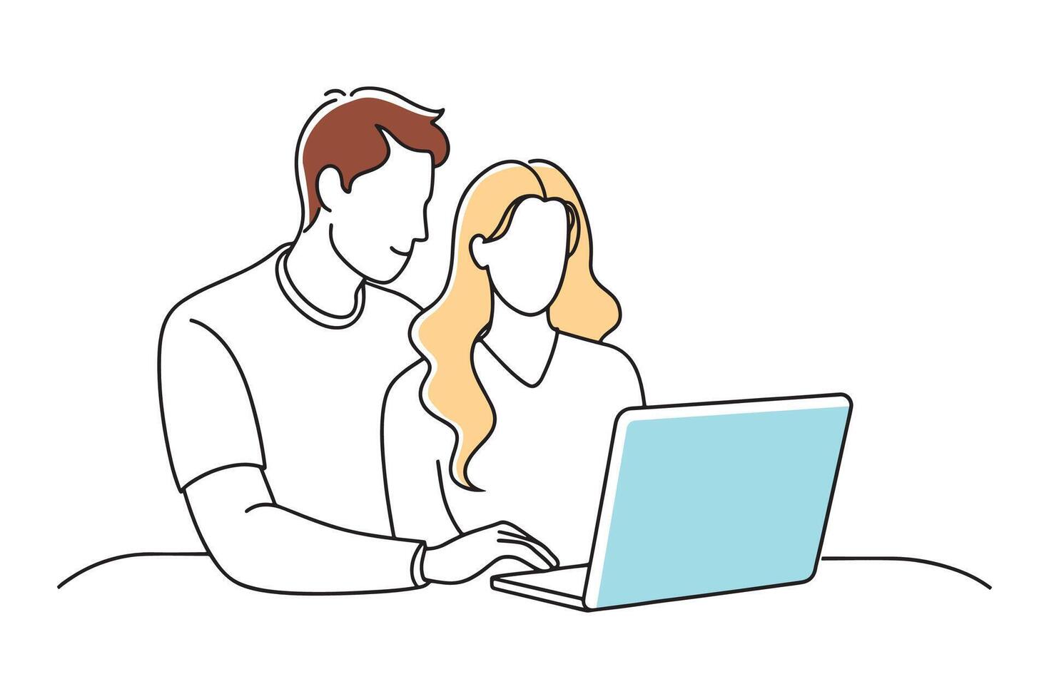 Couple reviews a document together on a laptop, focused and engaged in their discussion isolated continuous line art flat illustration on white background.. vector