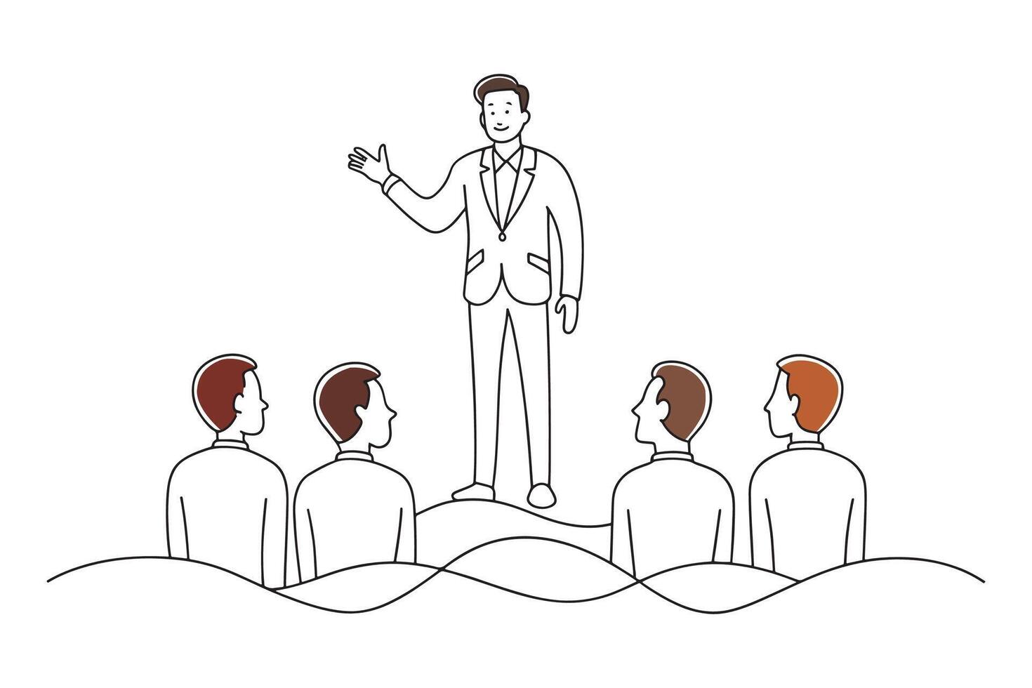 Man presenting to an audience, illustrating engagement and communication in a professional setting isolated continuous line art flat illustration on white background. vector
