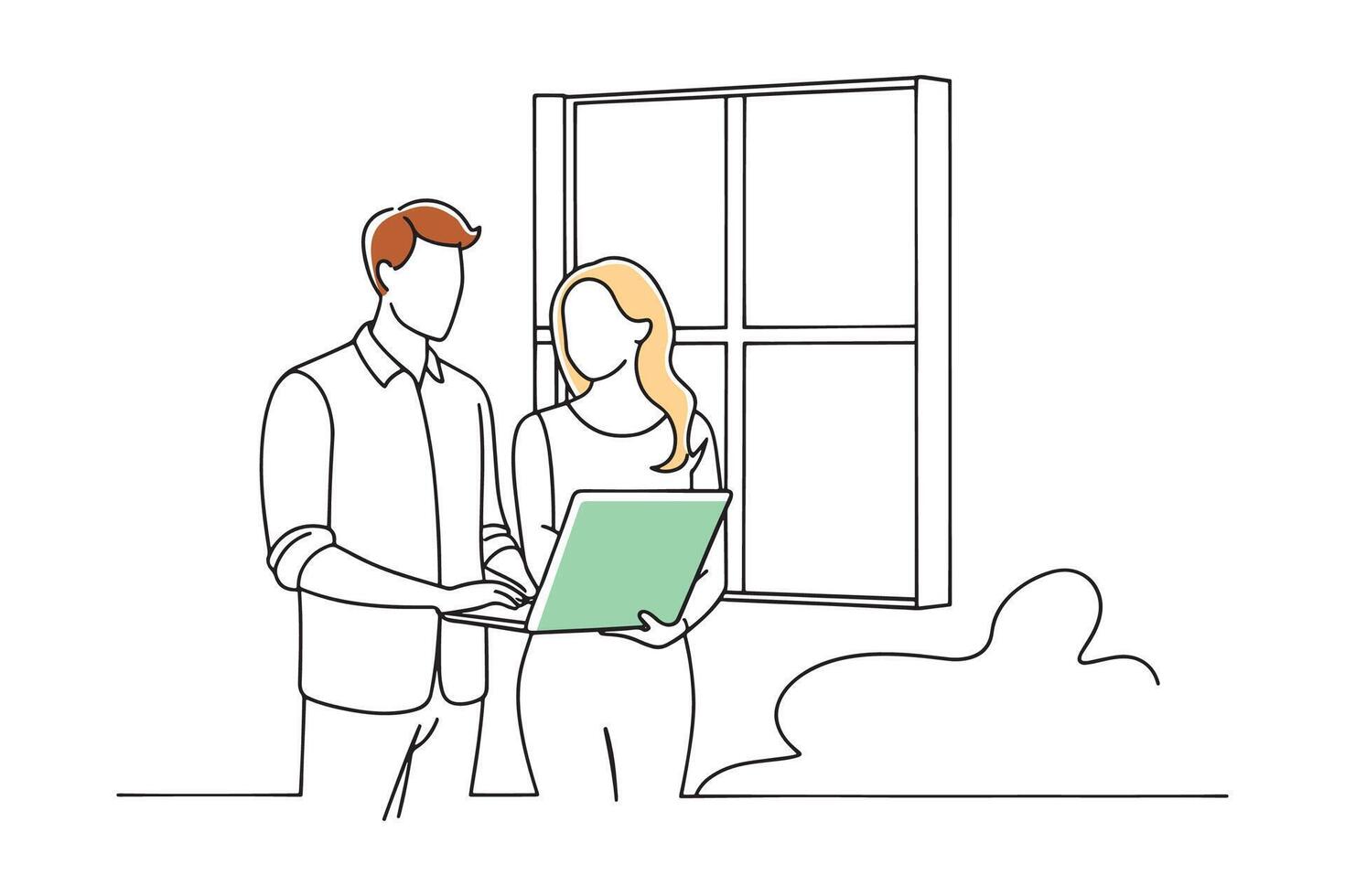 Man and woman standing by a window, engaged with a laptop in front of them isolated continuous line art flat illustration on white background. vector