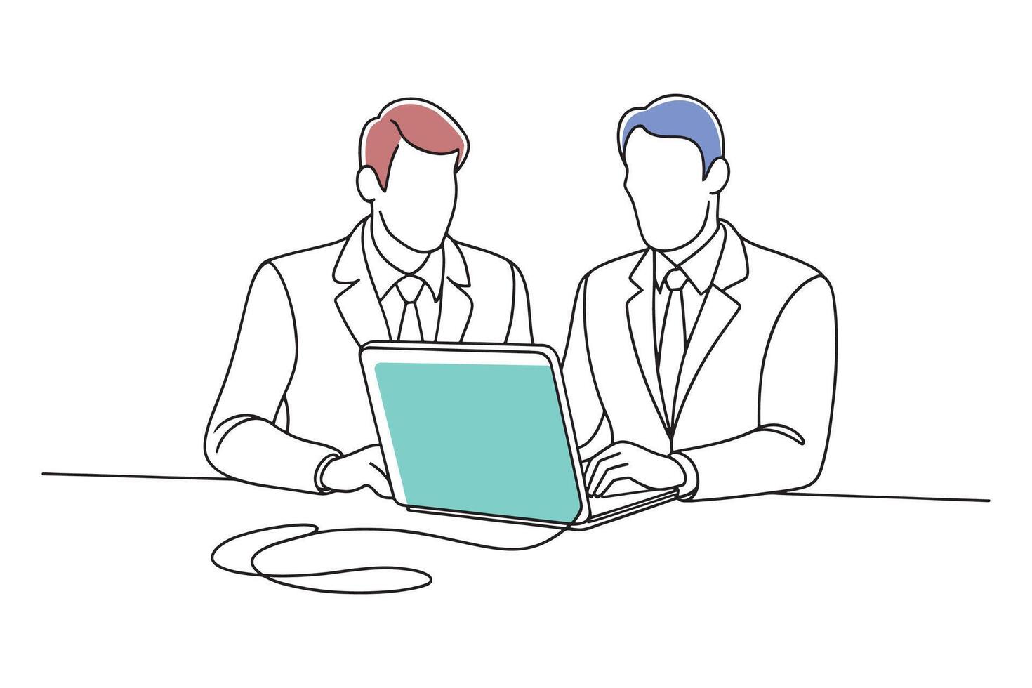 Two men in business attire engaged in a laptop discussion isolated continuous lin vector