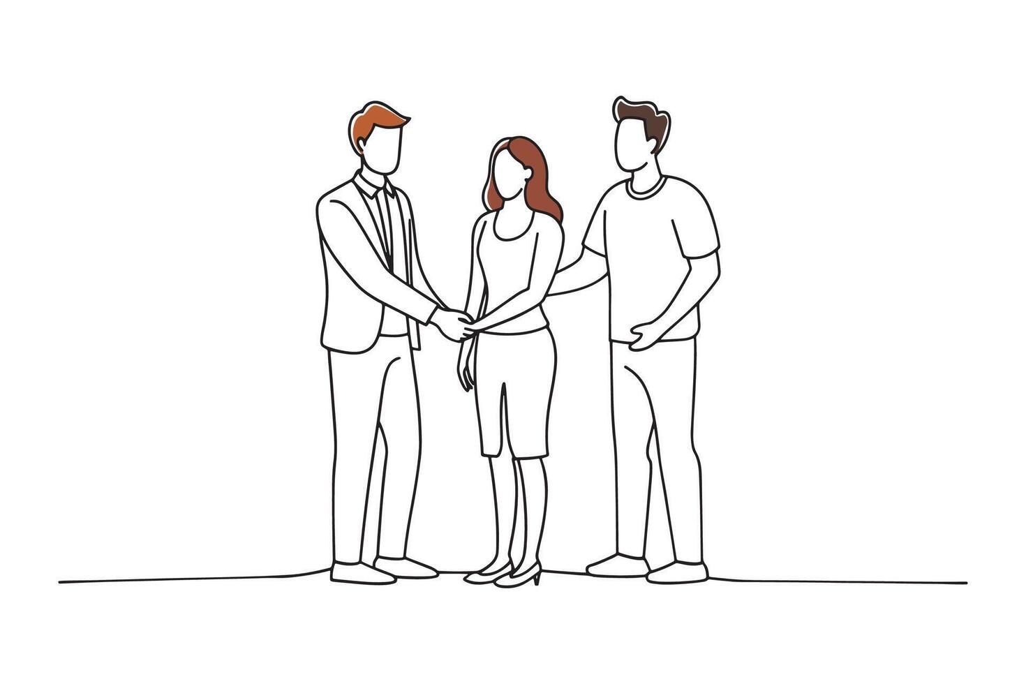 Three people engaged in a handshake within an unoccupied room, representing partnership and mutual understanding isolated continuous line art flat illustration on white background vector