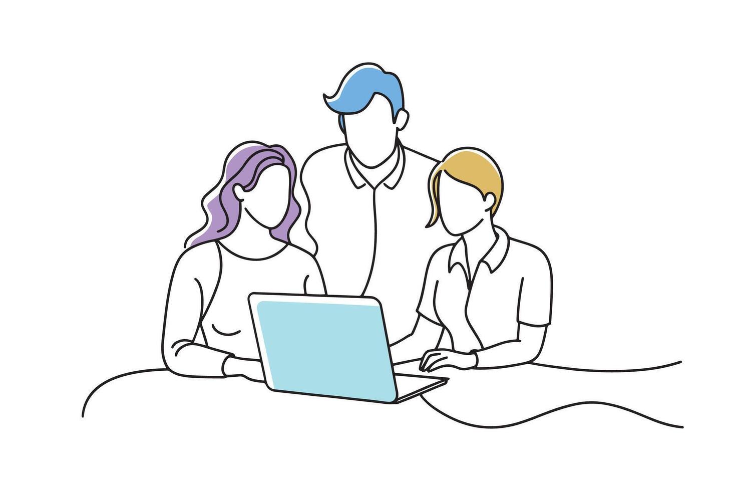 Group of individuals collaborating on a laptop, showcasing teamwork and creativity isolated continuous line art flat illustration on white background. vector