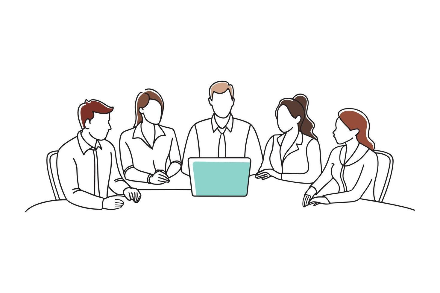 Diverse group of people collaborating in a conference room environment isolated continuous line art flat illustration on white background vector