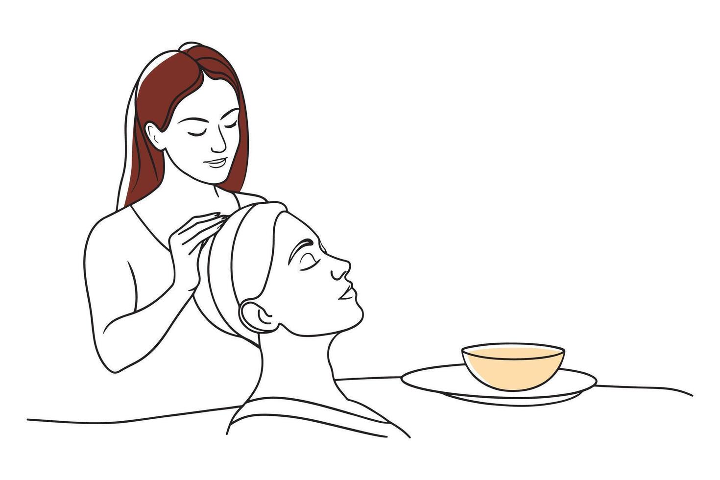 Woman receiving a facial treatment at a serene spa setting isolated continuous line art flat illustration on white background vector