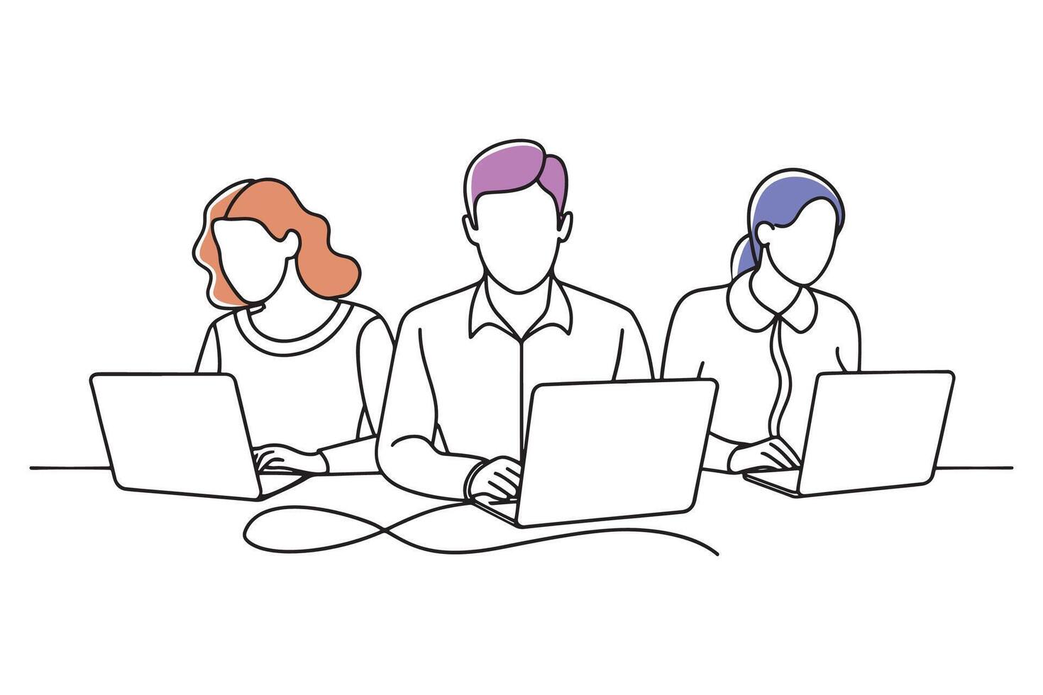 Group of individuals seated at a table, each engaged with their laptops isolated continuous line art flat illustration on white background. vector