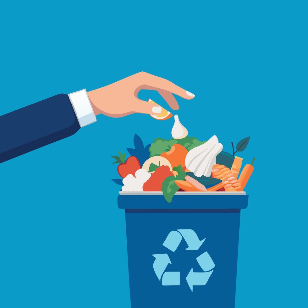 Food waste and drop in trash can isolated flat illustration vector