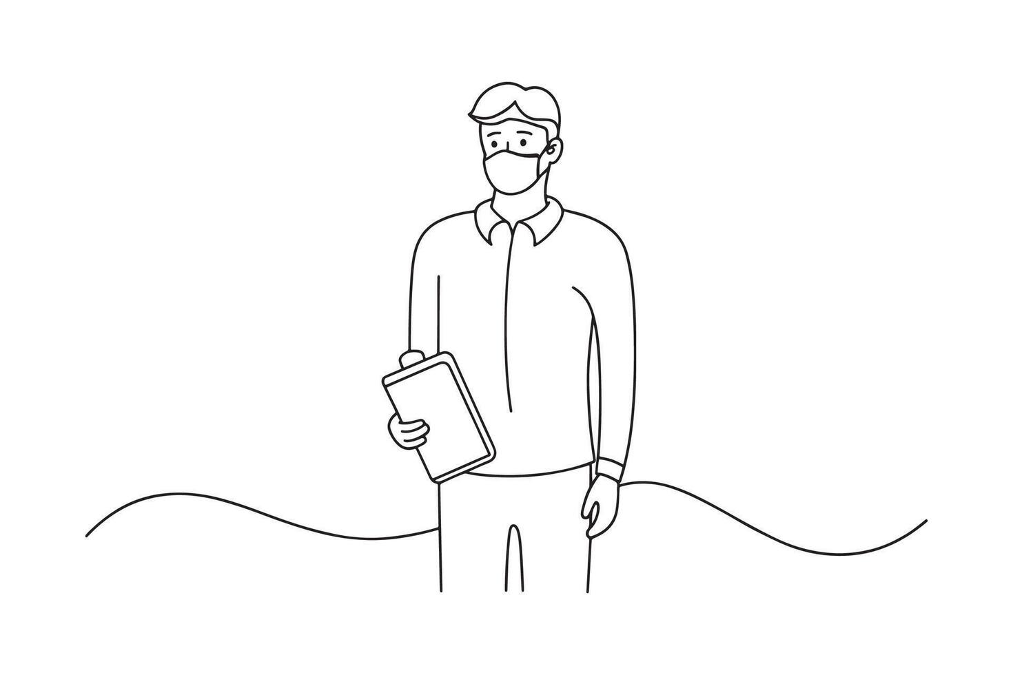 masked individual stands holding a clipboard continuous line art flat illustration on white background vector
