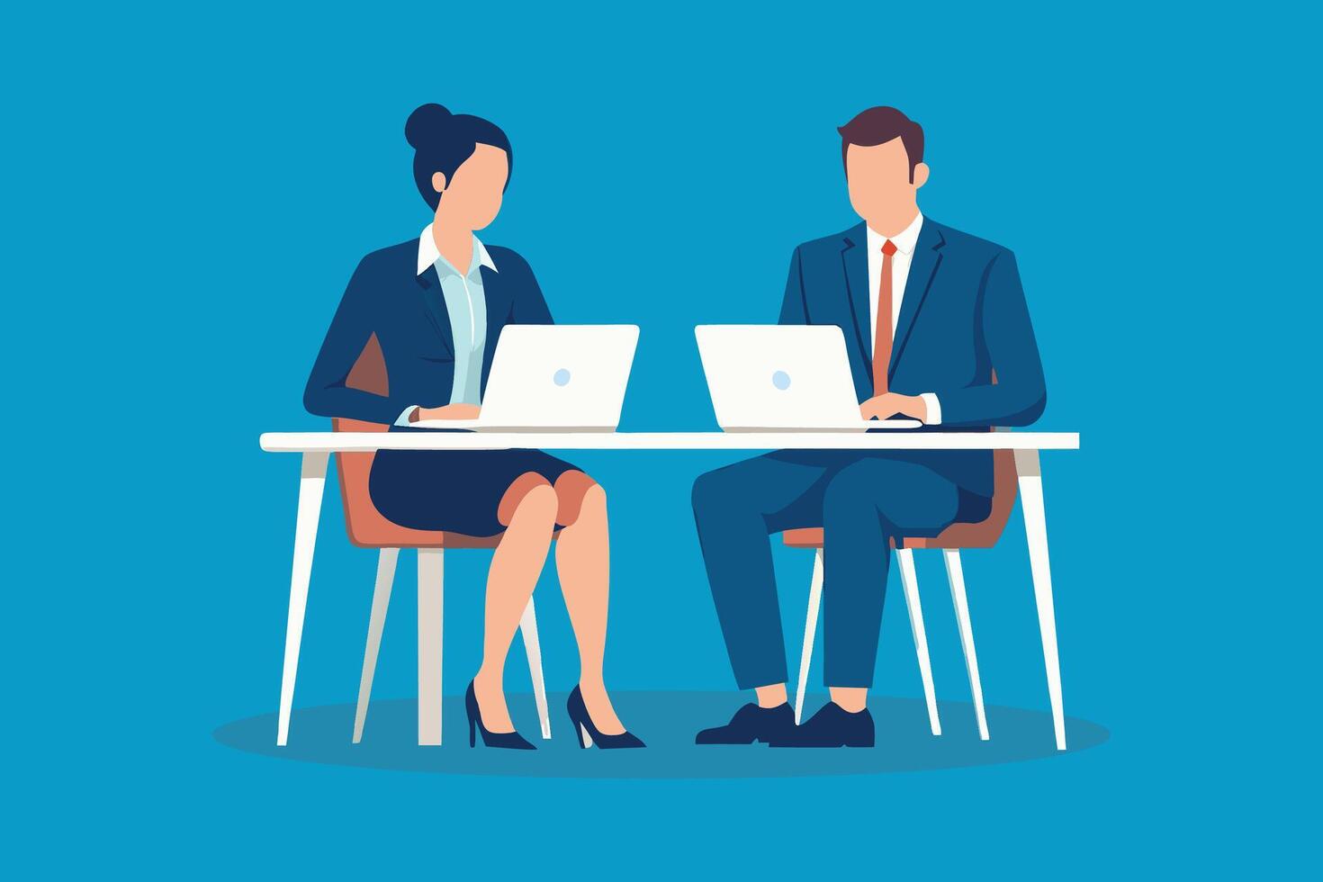 Two busy happy professional business man and woman executive leaders team using laptop working isolated flat illustration. vector