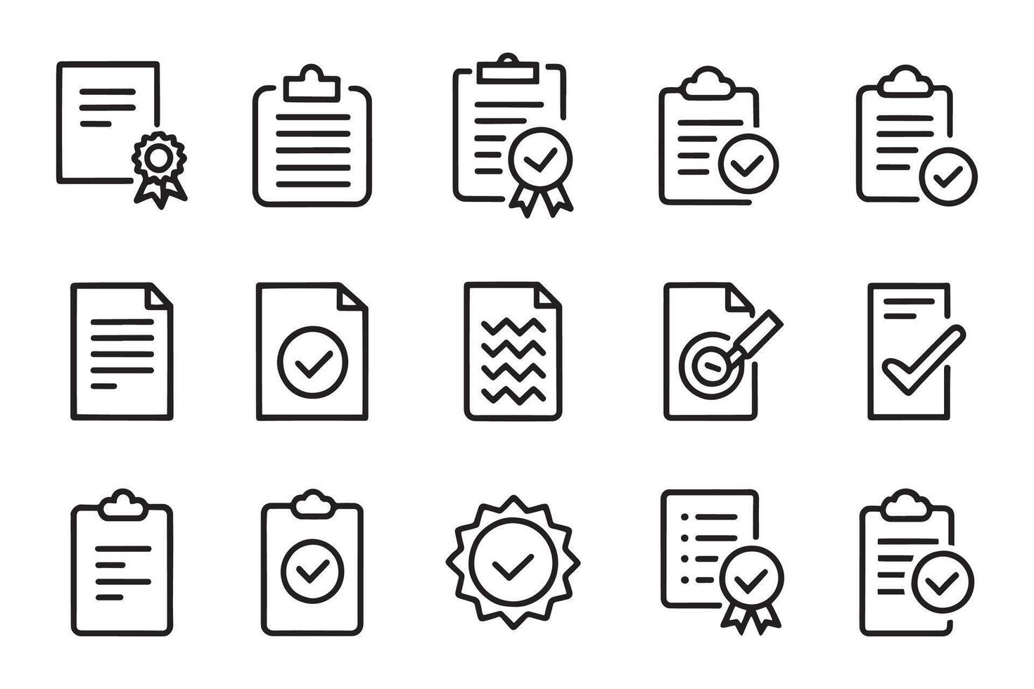 Certificate, accept, approved, clipboard, invoice, archive related editable icon set isolated flat illustration white background vector