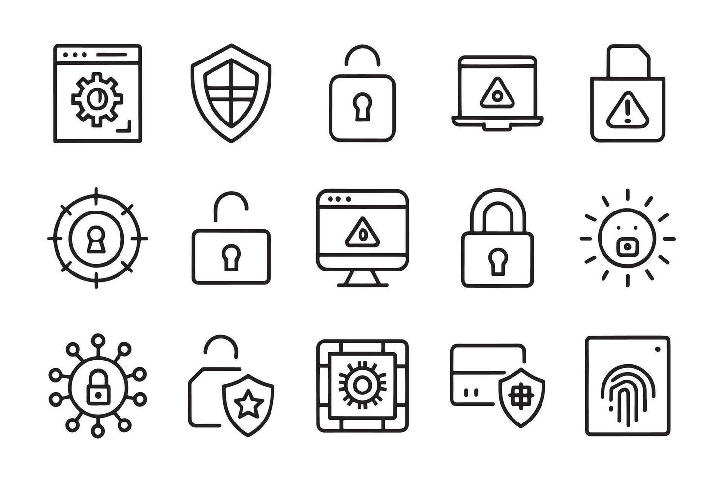 Cyber attack, hacker, unprotected, padlock, privacy, virus scan related editable icon set isolated flat illustration white background. vector